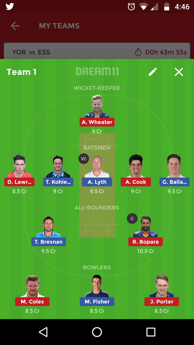 FantasyCriket17's tweet photo. #YORvsESS
#DREAM11
TEAM FOR SMALL LEAGUE ONLY https://t.co/ImQlLfHItG