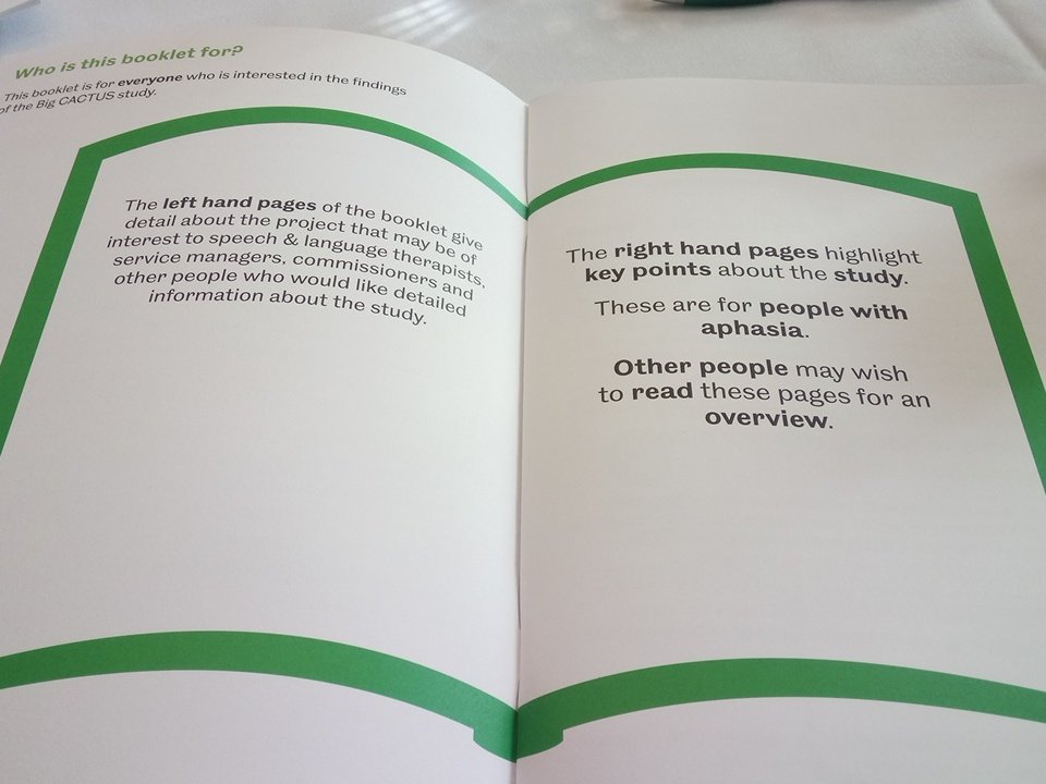 The <a href="/BigCACTUS_study/">Big CACTUS Study</a> booklet uses a lovely method of ensuring info is accessible for people with #aphasia. Great idea. #aphasiaawarenessmonth