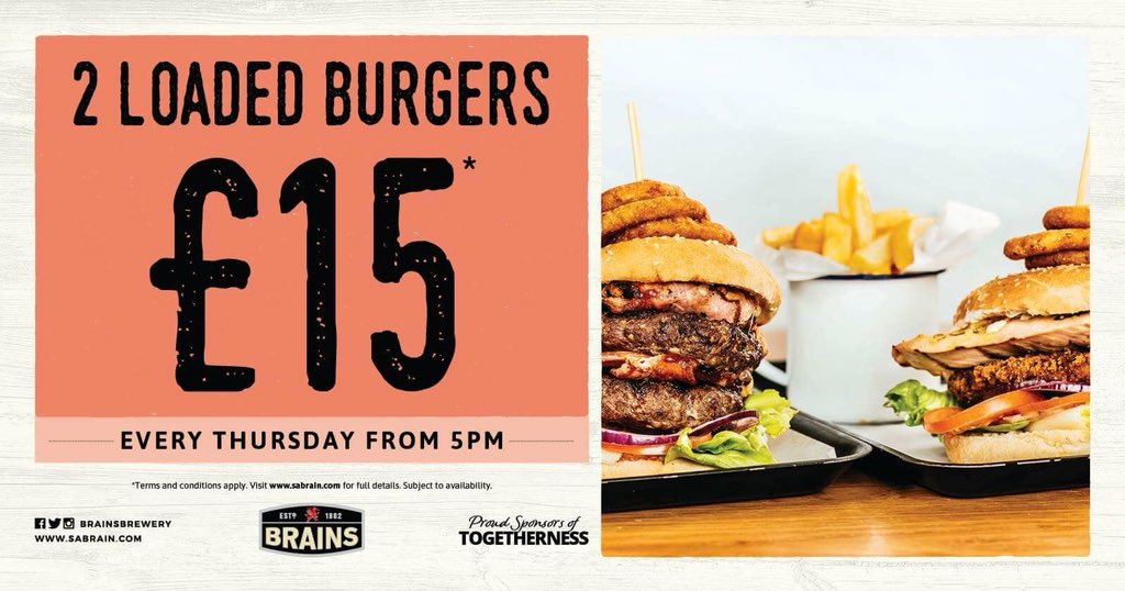 2 loaded burgers 🍔 for £15 choose from -

* loaded burger with bacon chees &amp; BBQ sauce
* Double chicken stack 
* The “BEAST”

Football ⚽️ &amp; burgers 🍔!