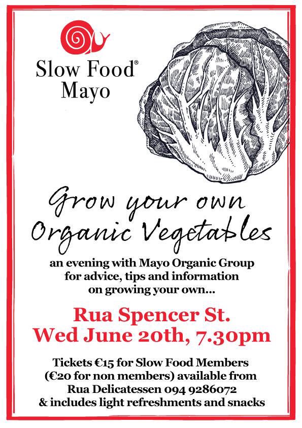 I have a great pleasure to announce another #SlowFoodMayo event. 
‘Grow your own vegetables’ 🍅 <a href="/MayoOrganicGrp/">Mayo Organic Group</a> will share their knowledge about growing organic food 🍆 
Meet us Wednesday 20th June at 7pm <a href="/Rua_Mayo/">RUA</a> 
Tickets €20 inc. snacks 🥕
0949286072 to book 😀
