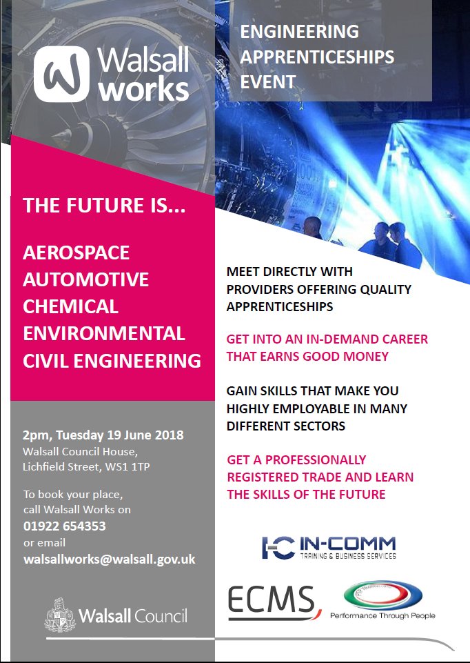 BCImpactWalsall's tweet photo. Come on down to @Impact_Walsall @WalsallWorks Engineering Apprenticeships event on Tuesday 19 June. Learn about the skills you can gain to get into an in demand career that will earn you good money! Joined by @TheECMS @Incomm_training and @PtpTraining https://t.co/gOPmza0y1m