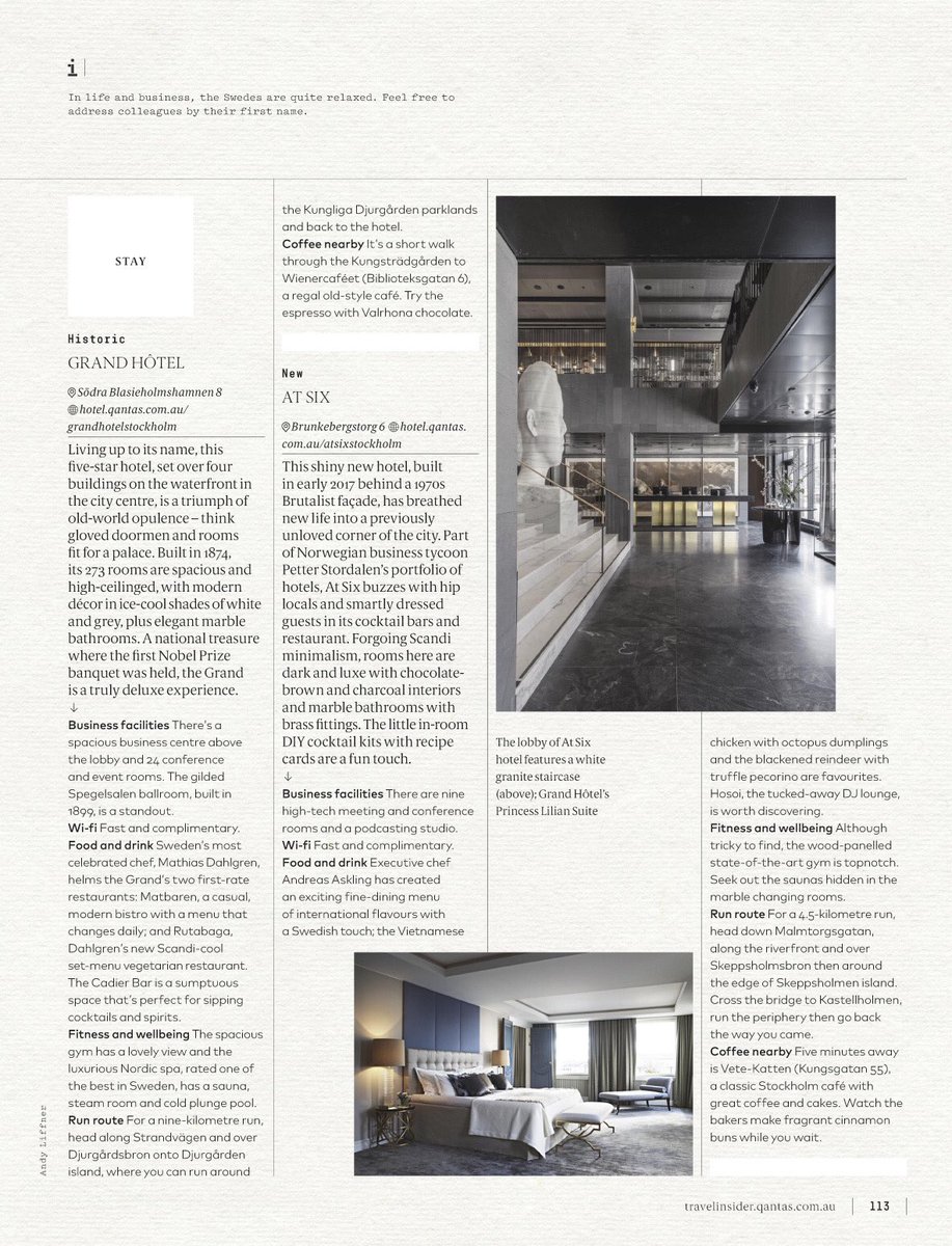mishmargherita's tweet photo. Flying with @qantas this month? Check out my travel feature on #stockholm for #businesstravel 👏🏻👏🏻🇸🇪🇸🇪 Beautiful hotel and city tips anyone can enjoy 😊 @qftravelinsider #sweden #luxurytravel #grandhotelstockholm #etthem #hotelskeppsholmen #hotelatsixstockholm https://t.co/ecwuHXm1nG