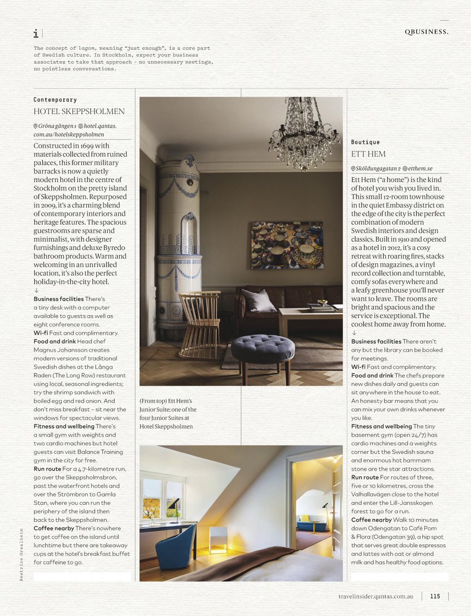 mishmargherita's tweet photo. Flying with @qantas this month? Check out my travel feature on #stockholm for #businesstravel 👏🏻👏🏻🇸🇪🇸🇪 Beautiful hotel and city tips anyone can enjoy 😊 @qftravelinsider #sweden #luxurytravel #grandhotelstockholm #etthem #hotelskeppsholmen #hotelatsixstockholm https://t.co/ecwuHXm1nG