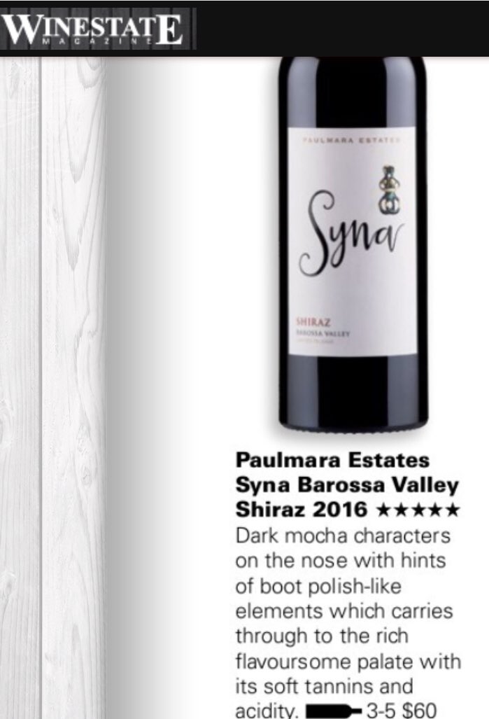 PaulmaraEstates's tweet photo. We are pleased to announce our 2016 Syna Shiraz was awarded 5 STARS by @WinestateEd! To order visit our website: https://t.co/96x5IUD0QE https://t.co/HjVlKR61hi