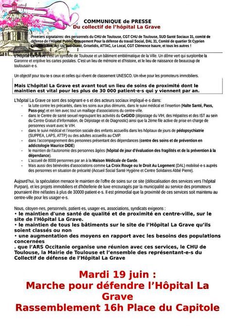 MCFarcy's tweet photo. Mardi 19 juin, continuons de soutenir l’hôpital #LaGrave seul #CHU toulousain de proximité qui permet l'accès au dépistage anonyme et gratuit et des soins de qualité ! #santé #dépistage #VIH #ServicePublic #Attac #Griselidis #ActupSudOuest #LeRefuge https://t.co/qWHfi2SLwk