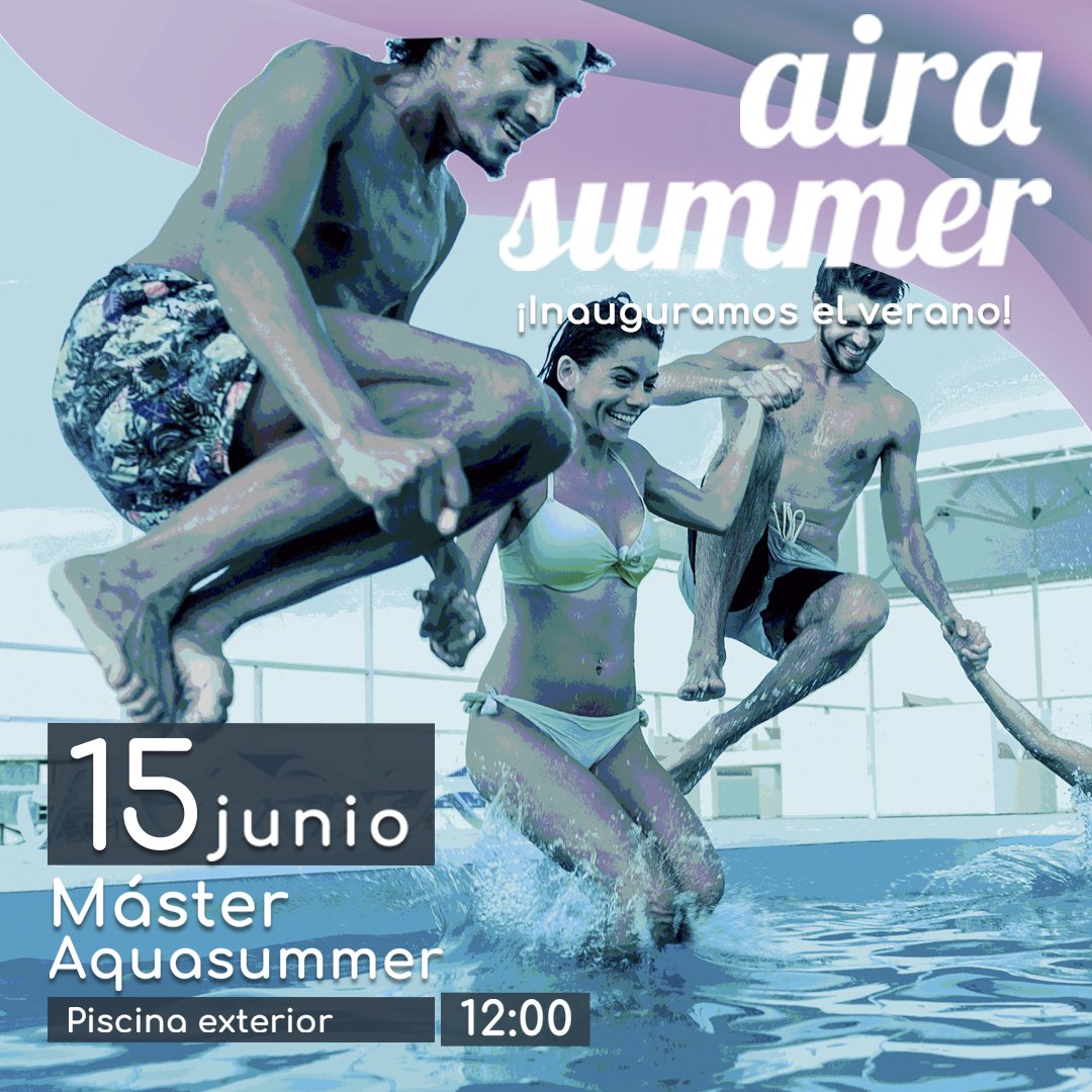 AIRA SUMMER | Coge papel y lápiz y apunta 📝 : el viernes 15 de junio a las 12:00 nos vemos en la piscina.
¿Preparados para esta máster #aquasummer? 🏊‍♀️🏊‍♂️
‼️➡️ No olvidéis las ganas de disfrutar y pasarlo en grande
#aquasummer #fitness #viveaira #verano