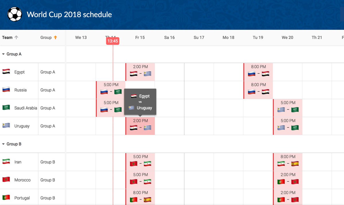 bryntum's tweet photo. World Cup 2018 starting in less than 4 hours! We built a game schedule to help you keep track of your favorite teams :) https://t.co/tkEbA33kPT #worldcup2018 #js #scheduler #sthlmtech https://t.co/M0ipGJ4h1K