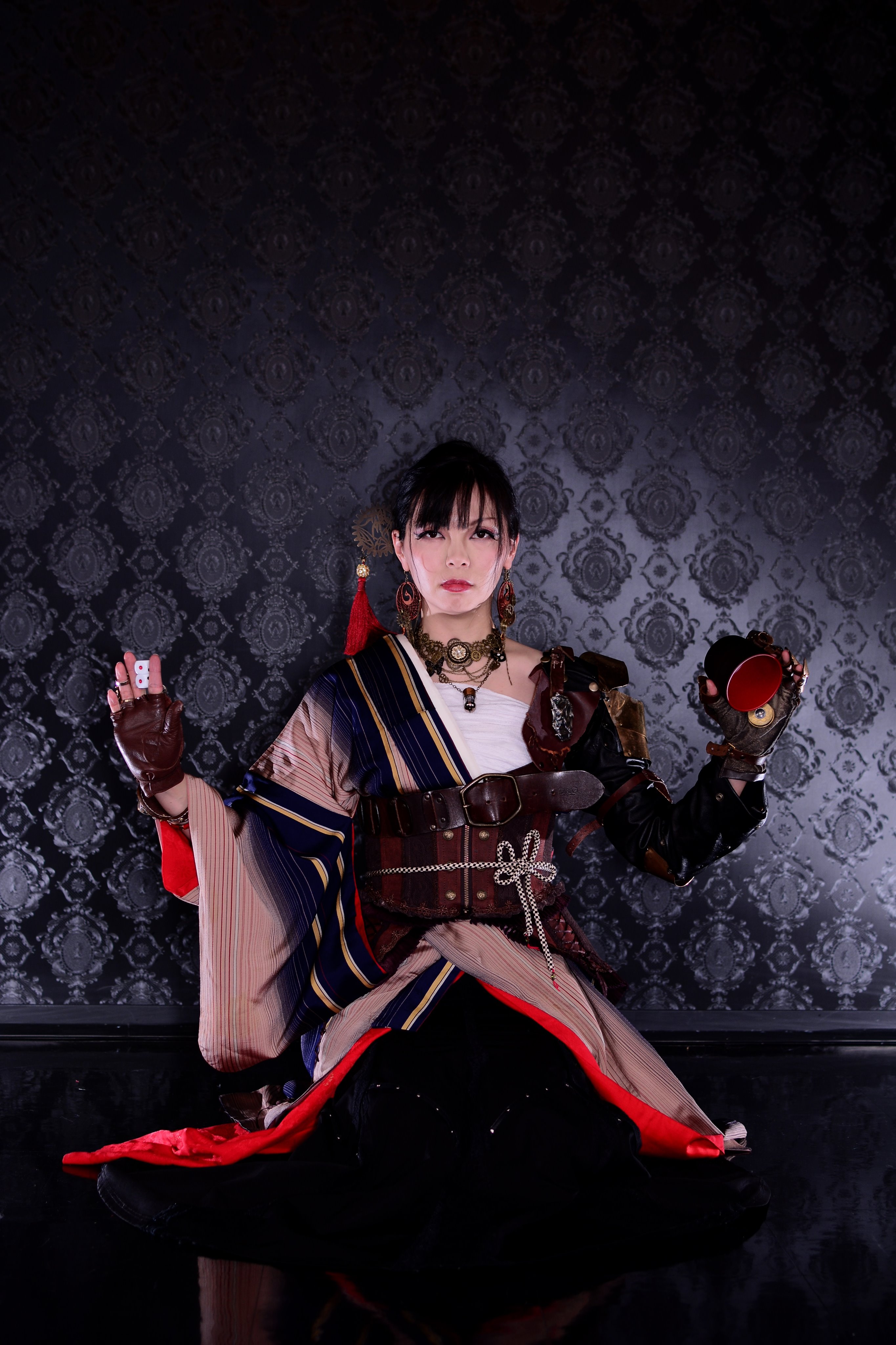 小学生袴(女の子) Z419 JAPAN STYLE 黒グリーン華玉×アイボリー