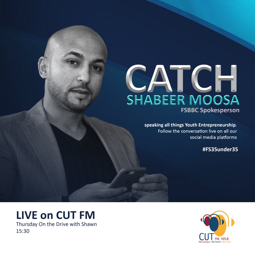 GomolemoLegacy's tweet photo. The @FSBBC_SA Spokesperson Shabeer Moosa joins Shawn at 15:30 this afternoon on @CUTFM1058 to speak about #FS35under35 a youth development legacy project by the Chamber. Do join us! #FS35Under35 #Tabalaza #FSYouthDevelopment https://t.co/vBoZ4aiiwv