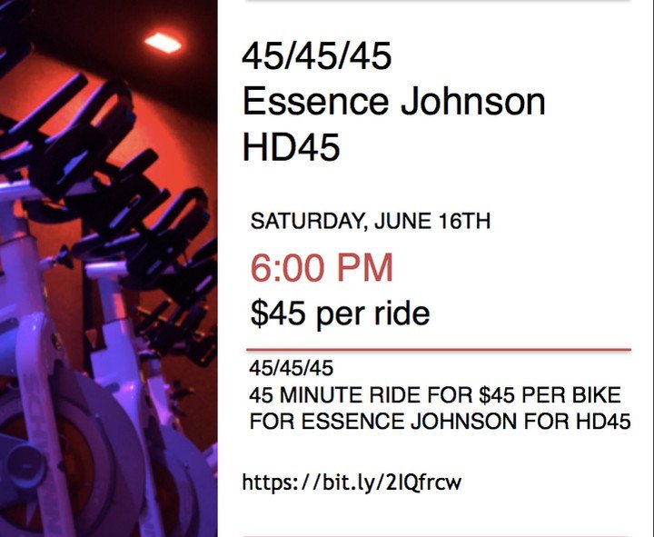 essencebjohnson's tweet photo. There's still time to sign up for this special event. Our 45/45/45 Victory Ride is this Saturday. Have fun, get a great workout and support our campaign for HD45!
Register today at https://t.co/WSlCVoqlSS.
#HD45 #cyclebar #cyclegiving https://t.co/F01pL5uIXO