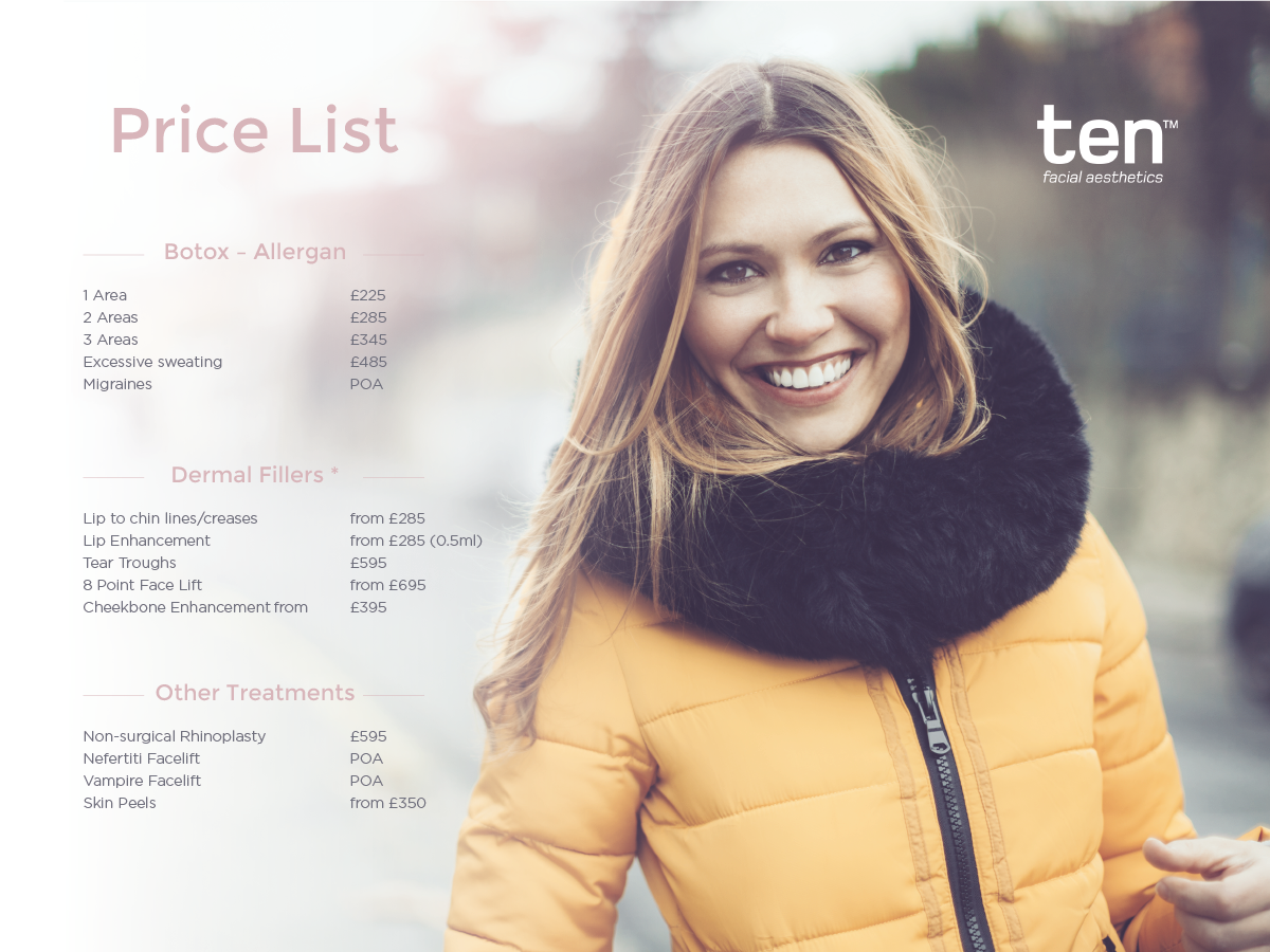 With Ten Facial Aesthetics, there are no surprise or hidden costs! You can view our full list of treatments and their prices via our website: tinyurl.com/y8blmyxw #facialaesthetics #pricelist #nohiddencosts