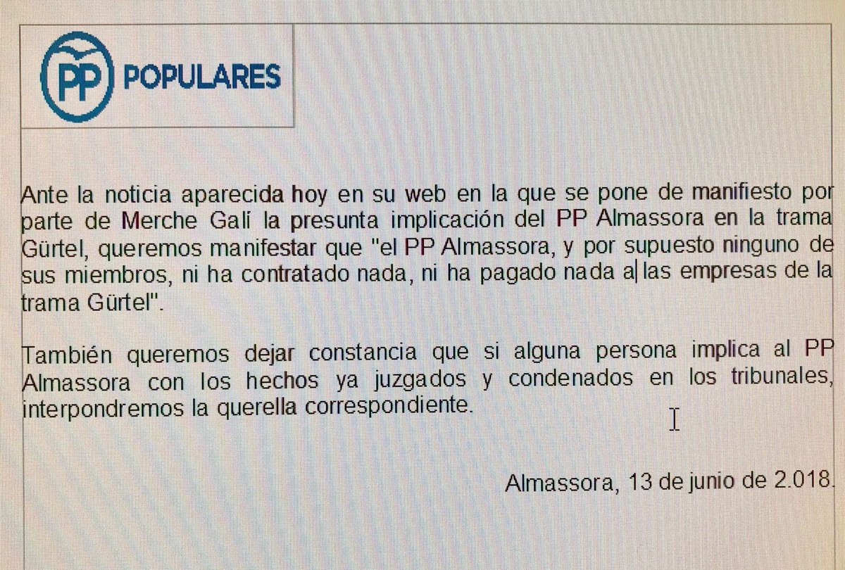 PP_Almassora's tweet photo. Desde el #ppalmassora negamos cualquier implicación con la trama Gürtel y lamentamos que la alcaldesa, Merche Galí, utilice este tema para hacer política. No dudaremos en tomar medidas legales si alguien nos implica al en unos hechos ya juzgados y condenados en los tribunales https://t.co/2PdKMb85Jv