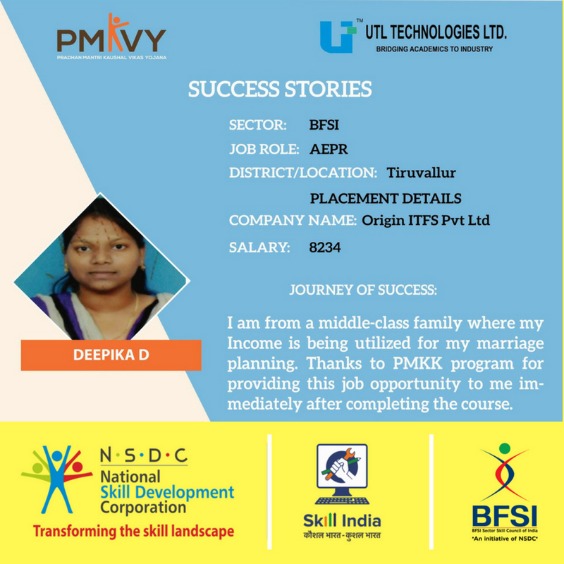 BFSI_SSC's tweet photo. @BFSI_SSC success story - Deepika of #UTLTechnologies was placed with a salary of Rs 8,234/ month post her #BFSI course.
@MSDESkillIndia @NSDCINDIA @RajeshAgrawal94 @AnantkumarH @manish__kumar @JayantKrishnaIN @Skill_Abhi_NSDC @ChiranjivGuhaΒ @Gaurav_Kapoor @jha_anand_mohan https://t.co/inEK7fzizr