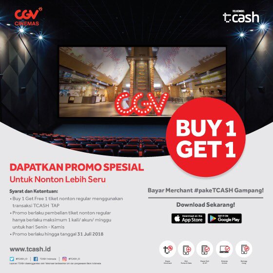 Acara nonton kamu sekarang lebih seru! Karena kamu bisa nikmati promo Buy 1 Get 1 Free Ticket untuk setiap pembelian tiket CGV menggunakan TCASH!

Langsung aja pesan tiketnya sekarang dan cek syarat &amp; ketentuannya di: bit.ly/PromoTCASH

#PromoSerudiCGV
#SeruBarengCGV
