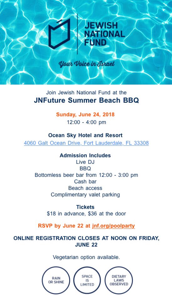 DKJAmattf's tweet photo. Broward Jewish Young Professionals, join @JNFUSA and JNFuture Broward for this great Summer Beach BBQ event @OceanSkyResort in Ft. Lauderdale. https://t.co/d9Ak51BgMq