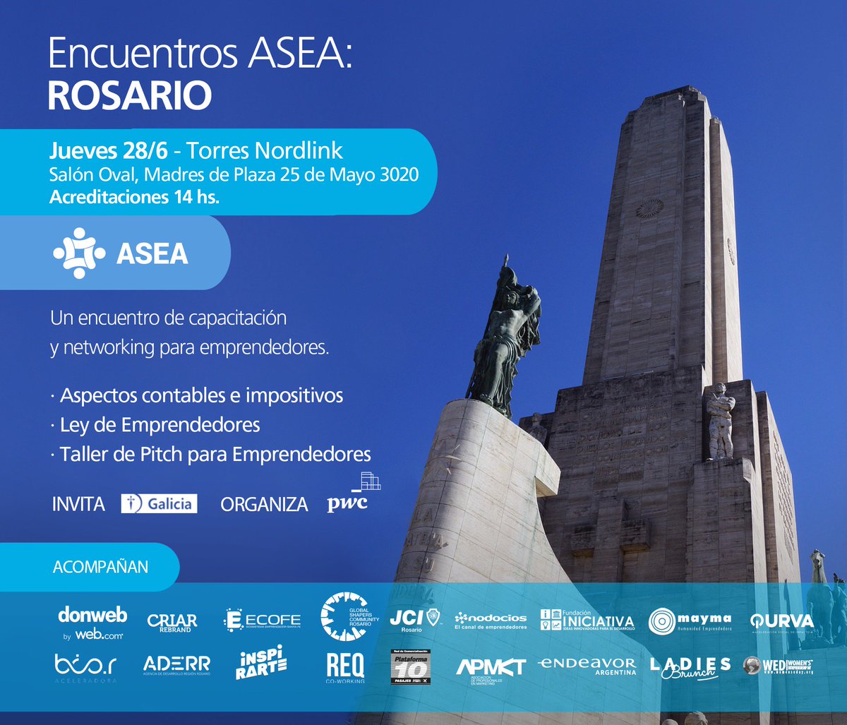 aseaorg's tweet photo. ‼️R O S A R I O 

Encuentro ASEA en Rosario este 28 de junio: Aspectos legales e impositivos para emprendedores, Ley de Emprendedores, Taller de Pitch. ¿Venís? Anotate en este link https://t.co/NBESI9zGWn https://t.co/eYTotfiOu8