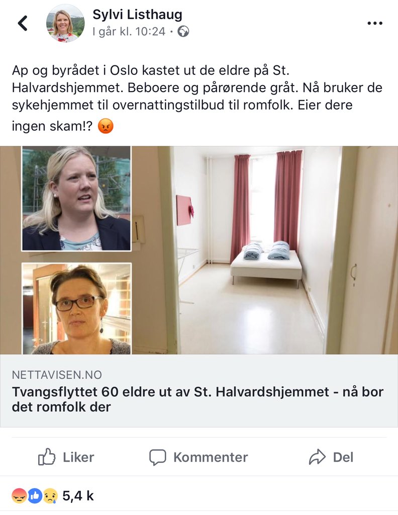 osol's tweet photo. En farse i sju akter:

1) Sylvi Listhaug (FrP) foreslår enerom for eldre på hjem i Oslo.

2) Byrådet vedtar dette.

3) De eldre på St. Hallvardshjemmet flyttes ut fordi hjemmet ikke tilfredsstiller de nye kravene. https://t.co/3BkwuxSDxP