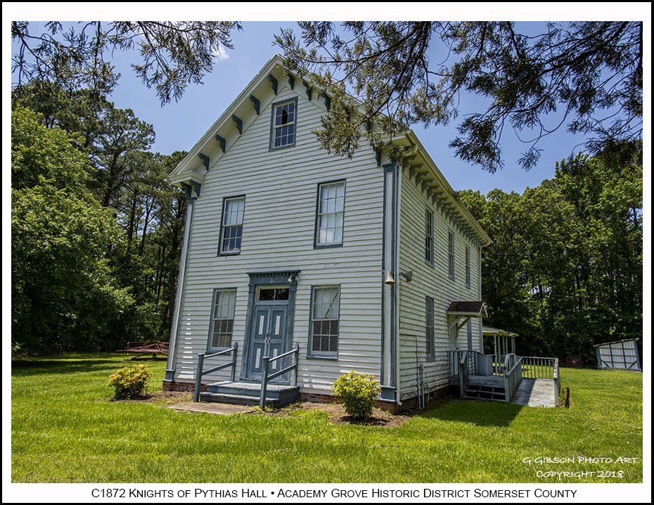 CuratorOfTheBay's tweet image. The c.1872 Knight of #Pythias Hall that was built for #Fairmont Lodge Nbr. 77 and is located in the #Somerset County #Maryland Academy Grove Historic District as depicted at noon today - Glenn