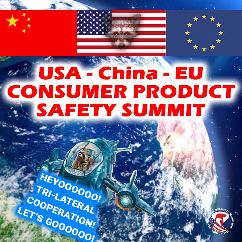 The MPRaccoon flying a spaceship over planet earth. The text reads: USA, China, EU consumer product safety summit. Hey-o! Tri-lateral cooperation! Let's Go!