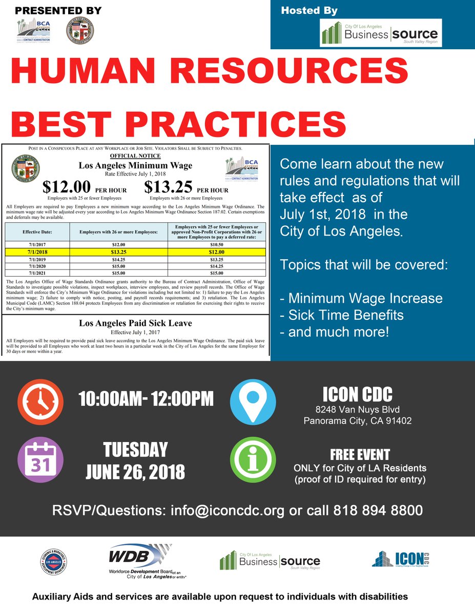 To learn about the new rules and regulations that go into effect July 1st sign up for the June 26th workshop today.  RSVP to info@iconcdc.org or call 818-894-8800.  #stayinformed #studiocity #minimumwage #losangeles
