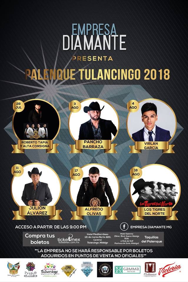 PALENQUE TULANCINGO 2018 - EMPRESA DIAMANTE MG 
puntos de venta autorizados:
En el Hotel Mediterráneo 21 de Marzo norte 220. (centro) TULANCINGO.
Hotel Gamma Boulevard nueva Hidalgo 509. o club de golf PACHUCA DE SOTO HIDALGO.
Y EN LAPÁGINA:
ticketmex.com.mx