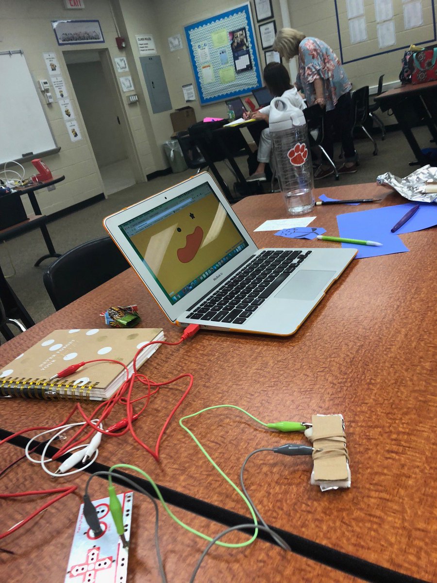 LibraryatRCES's tweet image. Mrs.Swygert from @RCESLex1 and Mrs. Allred from @NPESLex1 are enjoying Makey Makey training. We made an LED light turn on, created a switch to turn sound on and off, created a "Magic wand" to play Tetris, and now making it work with Scratch. #makerspace @DPEdStudio #oneRCE