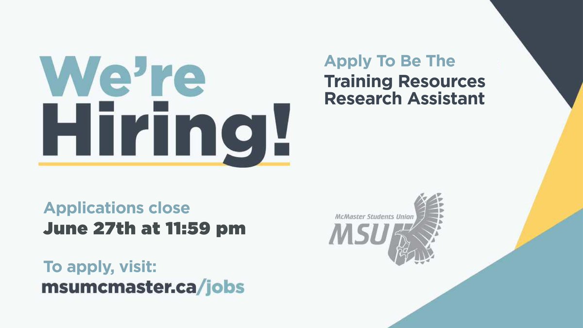 MSU_McMaster's tweet photo. Still job hunting for next year? Well, we are hiring! Apply to be the Training Resources Research Assistant. Application closes June 27. More information and application can be found on the MSU website: https://t.co/QOxWhHSHKT https://t.co/9ob6s91igi