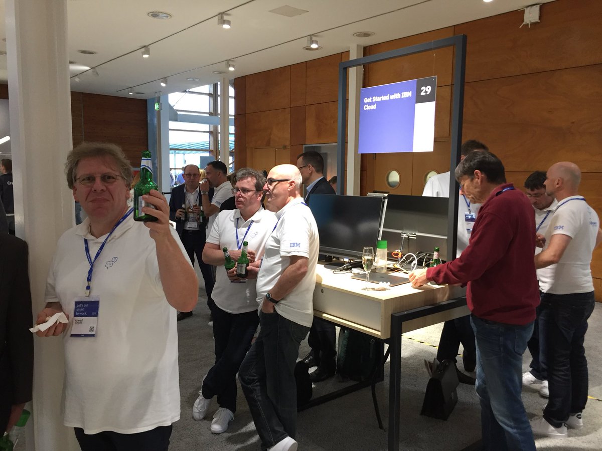 ASabyrbaev's tweet photo. #zats of #ibmccboe chilling after a long day at #CEBIT18 with @ralf_kern1, @ManfredGnirss, @ArwedTschoeke and @sddied. Matthias Hartmann aka #coolestcgm on stage at the drums playing with Söhne Mannheim. https://t.co/hUcyKQnT1t