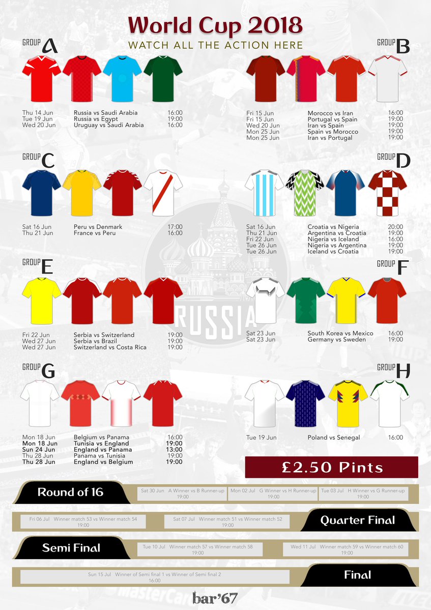 Want to know which #WorldCup match we'll be showing? Look no further 👇. 
The best football on show, delicious food and great drink offers. What a time to come to Bar '67 😍⚽🍺🍔