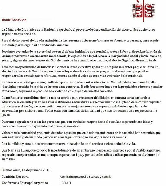 #ValeTodaVida 
Compartimos el comunicado de la CELAF (Comisión Episcopal de Laicos y Familia).