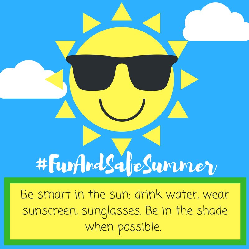 CG_SADD's tweet photo. It is HOT! Remember these helpful tips to have a fun and safe summer! Drink water, wear sunscreen, sunglasses, and be in the shade when you can! Stay hydrated and cool! #Funandsafesummer https://t.co/gT3pGkrbVz