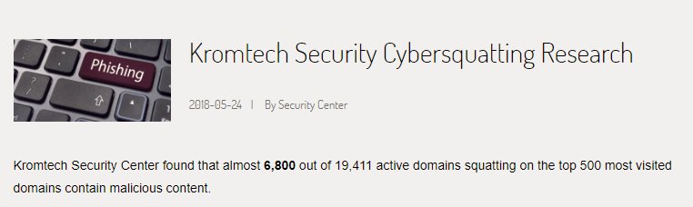 kromtech's tweet photo. [ICYMI] We have analyzed 19,411 active domains squatting on the Moz top 500 most visited websites. Almost 6,800 of those contain malicious content that may cause the loss of your personal data. Cybersquatting is a threat and we need to educate on it. https://t.co/JkLWLDefJB https://t.co/dwmhhwRoRO
