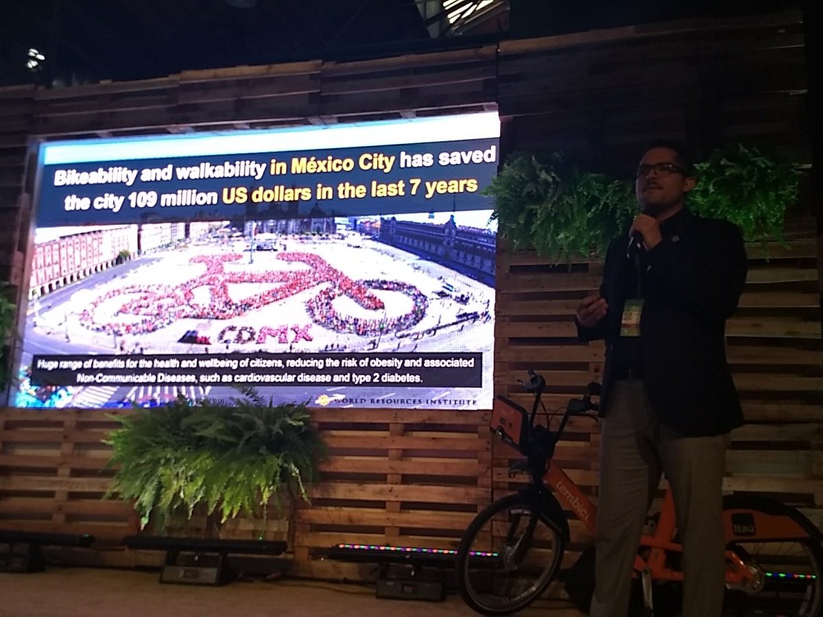 Now on stage @lanzalsa from <a href="/WRIRossCities/">WRI Ross Center for Sustainable Cities</a> about the huge and diverse #benefits of #bikesharing: "In #CDMX #cycling modal share grew by 10% in 2 year's, with all the #social #economic #environmental improvements that go with it"
