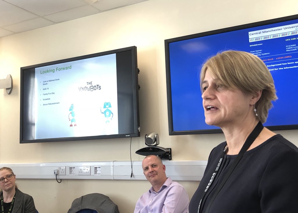 RMCHosp's tweet photo. Jane Valente, our new Medical Director, talks about the #KnowBots and our projects to improve the environment throughout our hospital, starting with the atrium #OurFamilyCaringForYours https://t.co/WuqvHooTA5