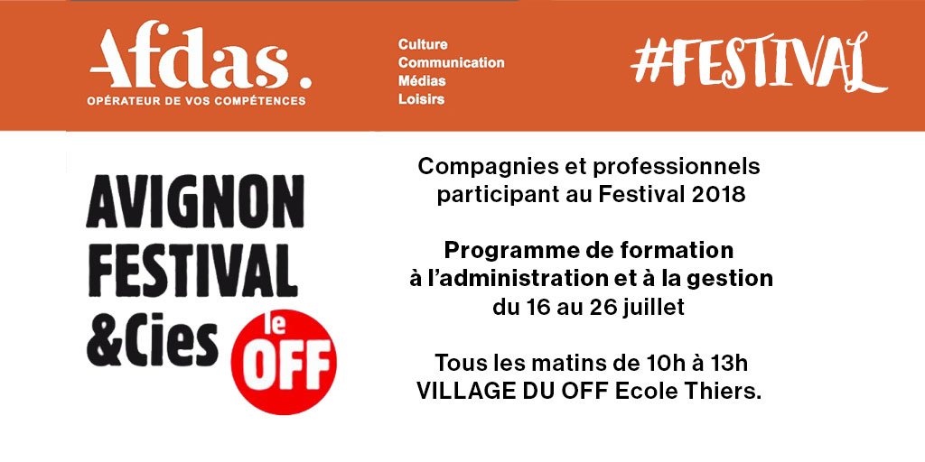Afdas's tweet image. Du 16 ➡️ 26/07 - de 10h à 13h au @VillageduOFF  
Avec @avignonleoff  &amp;gt; parcours de formation à l’administration et à la gestion pour les compagnies et #professionnels participant au #festival #OFF18. Réalisé par @illusionmacadam.
Inscription &amp;gt; goo.gl/7y5iNE