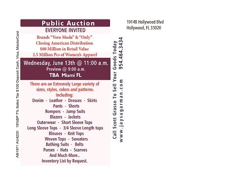 SugarmanAuction's tweet photo. Wednesday, June 13th @ 11:00 a.m/ Preview @ 9:00 a.m.
6695 NW 36th Ave Miami, FL 33147
Minimum Quantities of 2,000 pieces by Clothing Category Lots
There are an Extremely Large variety of sizes, styles, colors and patterns. https://t.co/MAWi0bcbbz