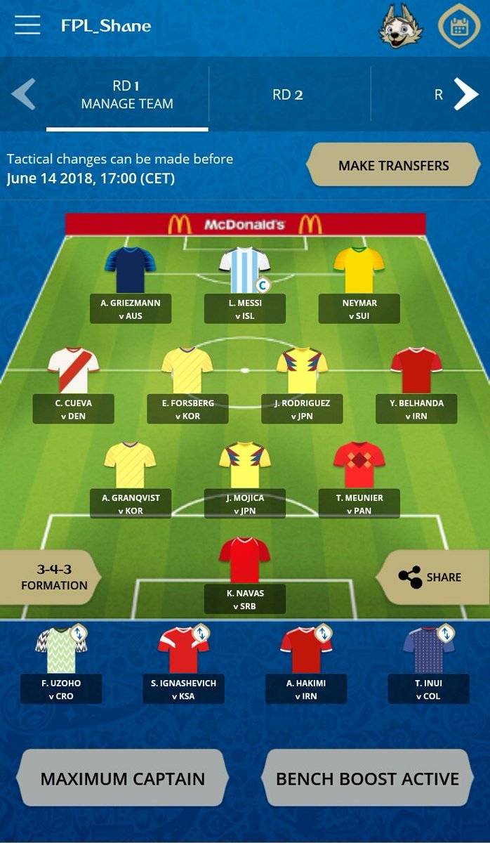 FPL_Shane's tweet photo. #WorldCupFantasy team locked in! 🔒
🔹 Bench Boost Active
🔹 Messi ©
🔹 May switch to Neymar © if Messi blanks
Good luck all! 🙌
#WorldCup #FPL #FantasyWorldCup #FantasyFootball #FantasyFIFA #WorldCup2018 #FIFAWorldCup #FIFAWorldCup2018 #McDonalds https://t.co/xvkiD2kAH4