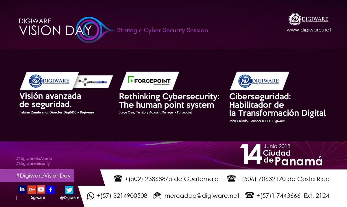 digisoc_mdr's tweet photo. En #Panama es #DigiwareVisionDay 🤖 Seminario de ciberseguridad y transformación digital del mundo. 🤗🤖🤓 Aliados: @Forcepointsec 👉🏾 #ciberseguridad #Malware #Seguridad #data #cyber #informationsecurity #Tecnologia #Security #DigiwareSecurity https://t.co/TeZXcvcBWE