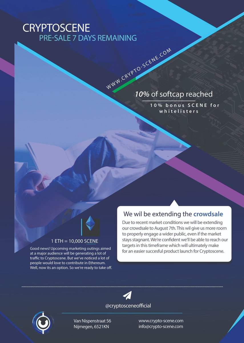 Cryptoscene_nl's tweet photo. 7 days left and we're already up to 10% of our softcap, and we didn't even get started yet! ETH now accepted in preparation of our highly anticipated marketing outings towards a greater public.

Crowdsale extended due to market conditions. We hope you understand this decision. https://t.co/1N8iMnU3DK