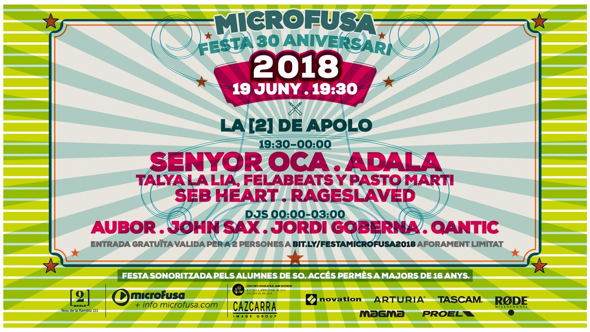microFusa's tweet image. El martes 19 de junio, cerramos nuestro curso 2017-2018 y celebramos 30 años de la escuela #microFusa con una gran fiesta en Sala Apolo. Visita nuestro #BlogReload y descarga tu invitación doble para que nos acompañes en esta celebración. Sorteos, regalos y mucha música.