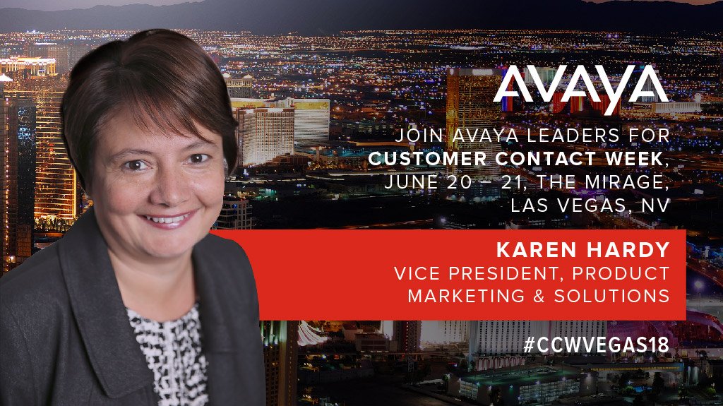 Avaya's tweet photo. @karenehardy knows what's top of mind for customers. Come join her for an engaging #CCWVegas18 presentation, “Beat the system with best practices in customer journey mapping.” We’re calling this a “can’t-miss event.” https://t.co/y2VNBj8LXz https://t.co/z9U4jTwVF5