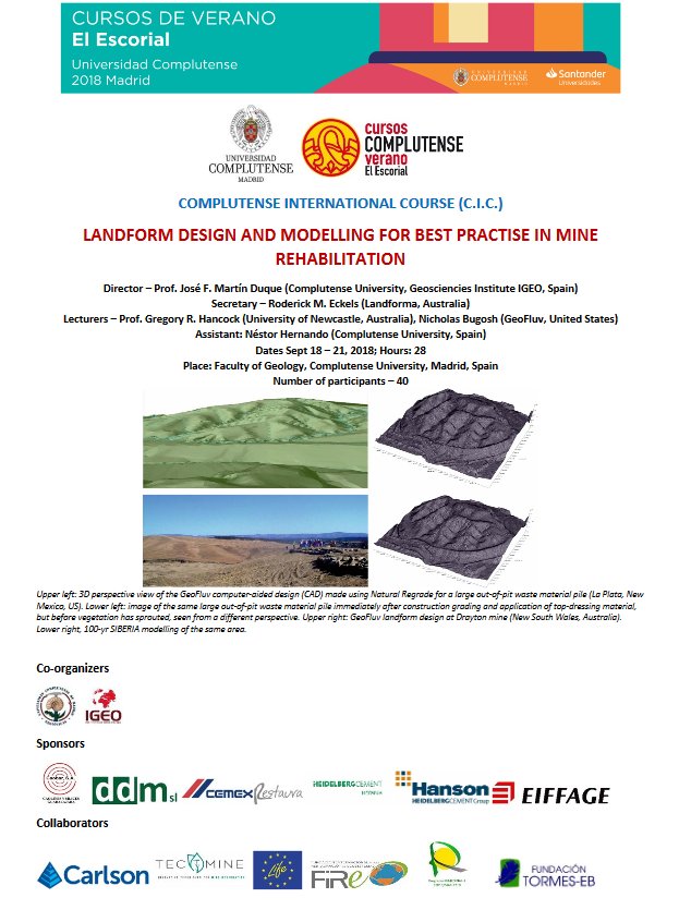 IGeociencias's tweet image. .@unicomplutense International Course: #LandformDesign and Modelling for Best practise in #MineRehabilitation.
The practical emphasis is strong, almost totally  focused in the use of specific dedicated software, taught by the best experts worldwide.
ucm.es/data/cont/medi…