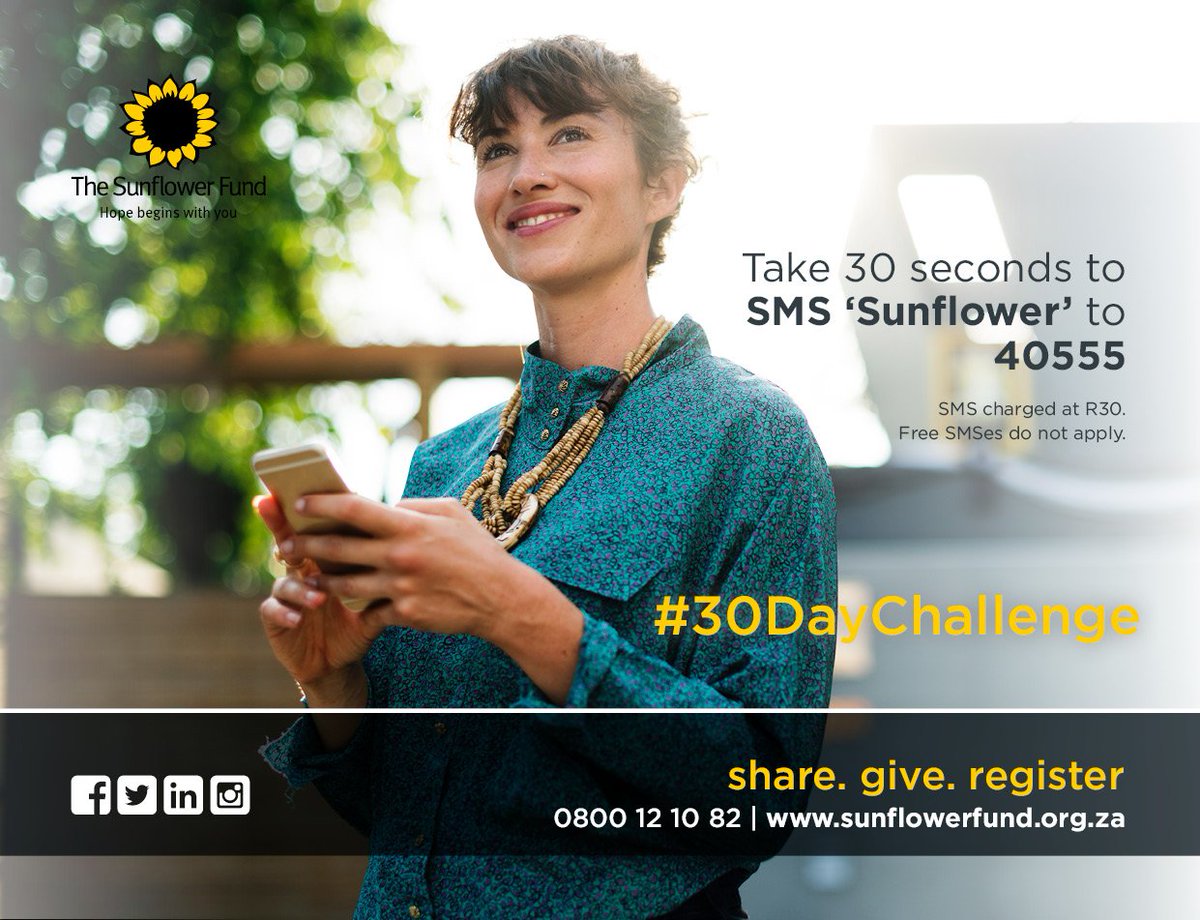 dkms_africa's tweet photo. Everything in your life is a reflection of your choices. To SMS ‘Sunflower’ to 40555 is a choice that can have life-changing consequences for someone fighting a blood disease. Challenge yourself to choose wisely. SMSes cost R30. Free SMSes do not apply. #30DayChallenge https://t.co/A8dvQWroB7