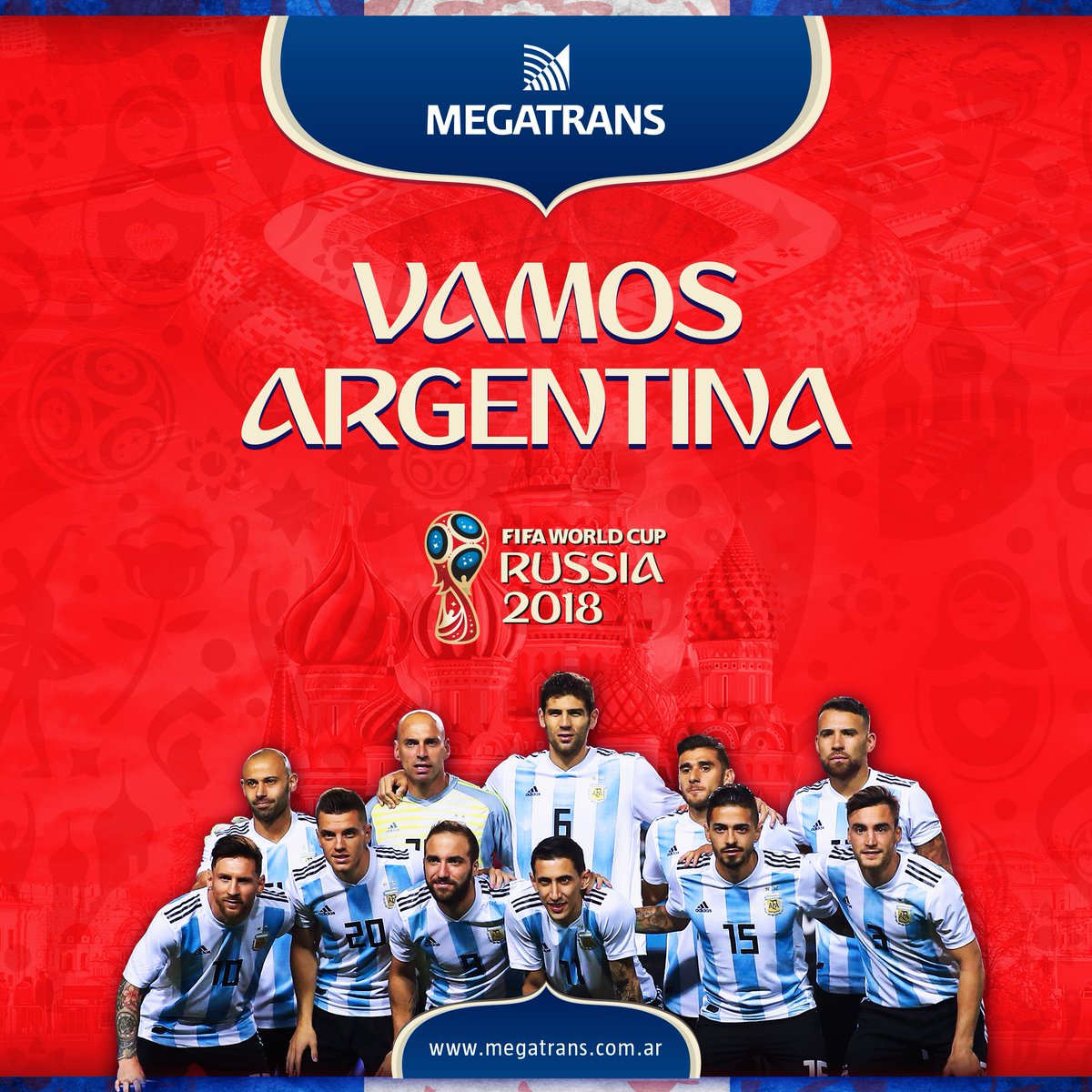MegatransSA's tweet photo. Empieza el Mundial Rusia 2018 🇷🇺️. Empieza la ilusión de nuestra selección nacional. Desde Megatrans acompañamos a los jugadores en este nuevo desafío, sin parar de alentar y siempre orgullosos de este gran equipo. Vamos Argentina!  🇦🇷️⚽🏆 #Mundial2018 #FifaWorldCup https://t.co/Ue8hbMR8XD