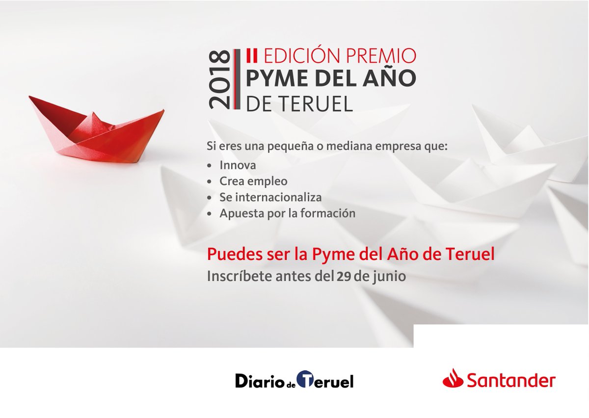 camarascomercio's tweet photo. Recuerda que todavía estás a tiempo de participar en el #PremioPyme2018 de la @camarateruel: tu #empresa debe tener menos de 250 empleados y/o menos de 50 millones de facturación anual en el último ejercicio. Accede al siguiente enlace para participar: https://t.co/hABxCgkBbb https://t.co/rnEctNHDxS