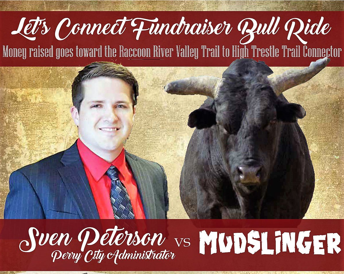 Perry IA city administrator Sven Peterson, raising funds for new "Connector" trail from Raccoon River Valley Trail to High Trestle Trail, attempts to ride "Mudslinger" this Friday night in Ade! Details &amp; pledge form in this Raccoon Valley Radio story: bit.ly/2ybAEcX