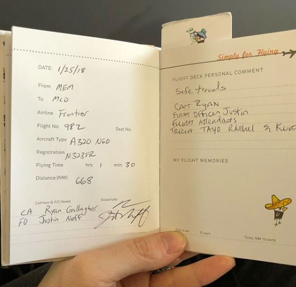 FlyFrontier's tweet photo. Another successful flight in the books. The #simplyforflying #flightlogbook that is! ✈️📖💙 We love the crews response when it’s their first time receiving one of these books to fill out! #repost @the_monkey_moo #frontierairlines @flyfrontier @simplyforflying https://t.co/ZTLF8mCxT4
