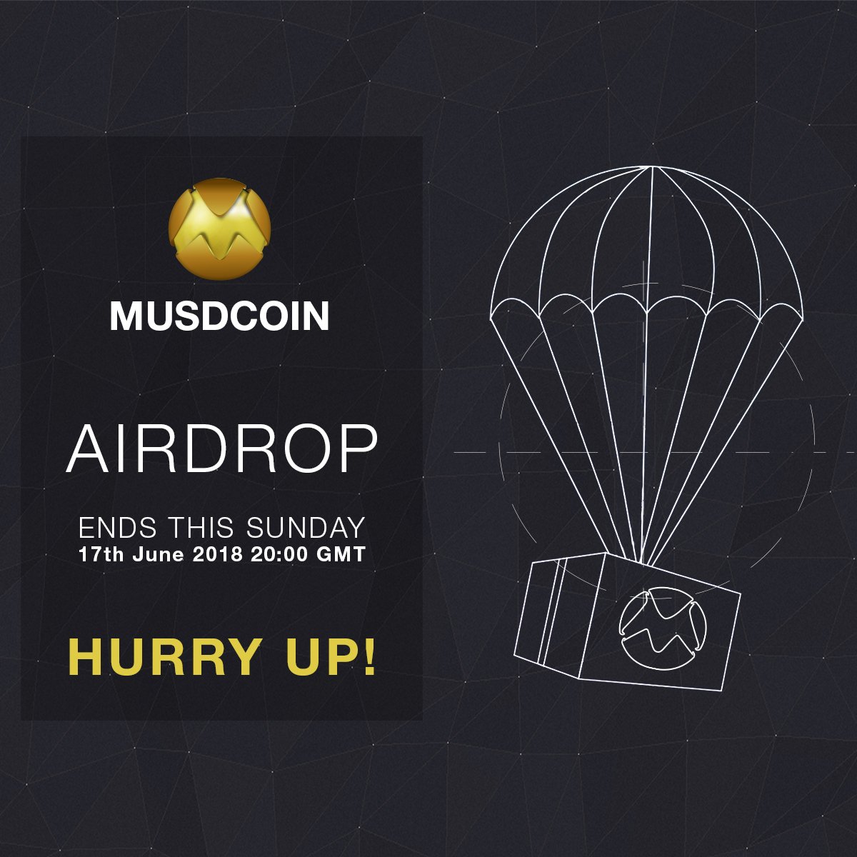 musdcoin's tweet photo. Due to the high traffic of users participating in our Airdrop and the blockchain overload, we will pause the Airdrop this Sunday. Please note that all the users that will register until Sunday will get the 20 free coins at the beginning of next week. $MUSD #musd https://t.co/HuZSqgHllx