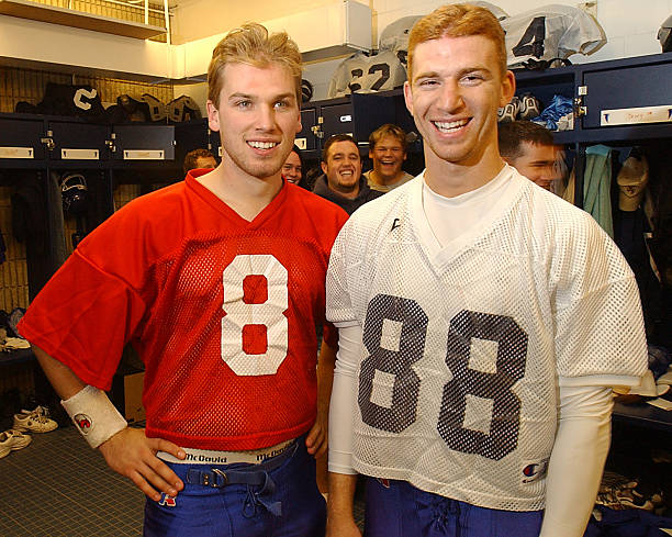 FootballBentley's tweet photo. 😲🏈This QB/WR tandem of Marc Eddy &amp; Dallas Mall rewrote the record books for @FootballBentley. Eddy threw for over 11,000 yards and 121 touchdowns while Mall hauled in 78 TD catches and over 4,000 receiving yards during their careers. #TBT #compEAT #UncommonStandard https://t.co/GBXvBZR3di