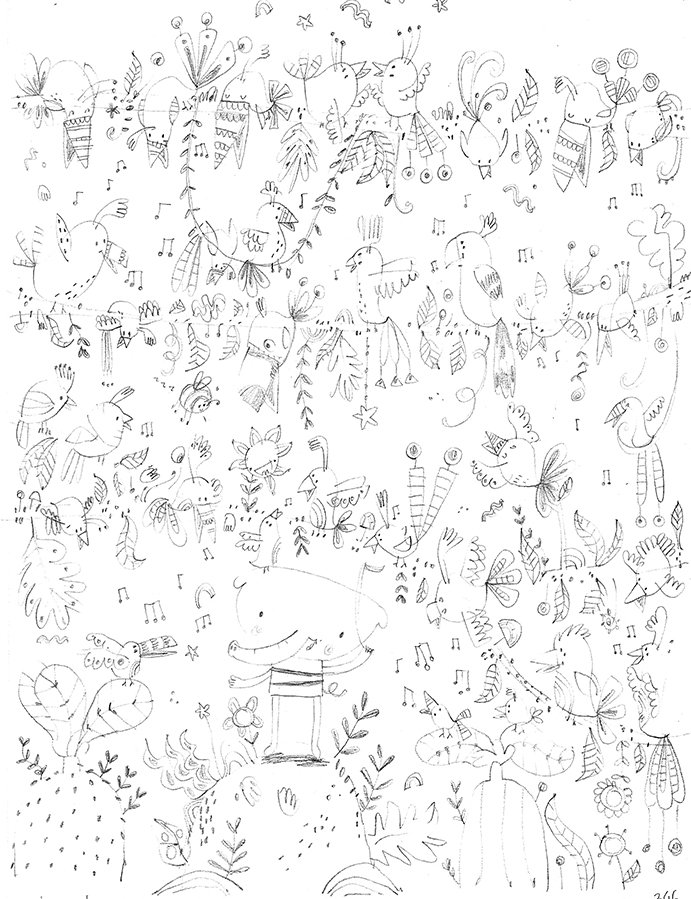 JudyElizabethA's tweet photo. Day 353/365. Giant flocks of birds landed in the canopy. #365daysofdoodles #illustrator #childrensillustration #art #pencil #sketch #jungle #elephant https://t.co/xVGUQZ7bjm